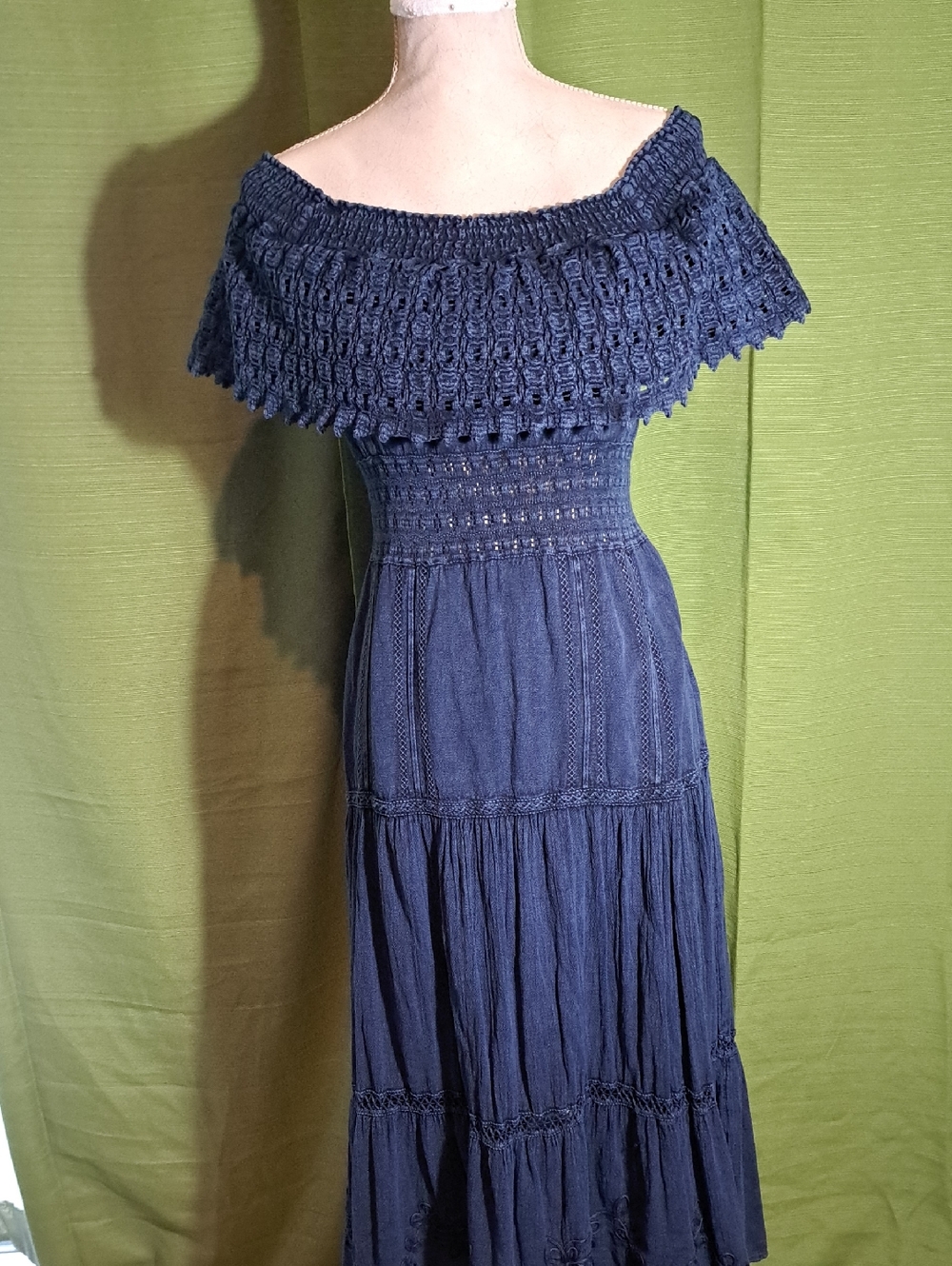 Smocked Off-Shoulder Navy Maxi Dress